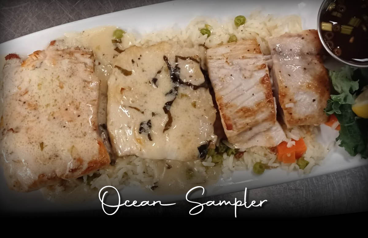 Salmon with dill sauce, grouper with basil lime sauce, Mahi Mahi with Kona sauce served with rice.